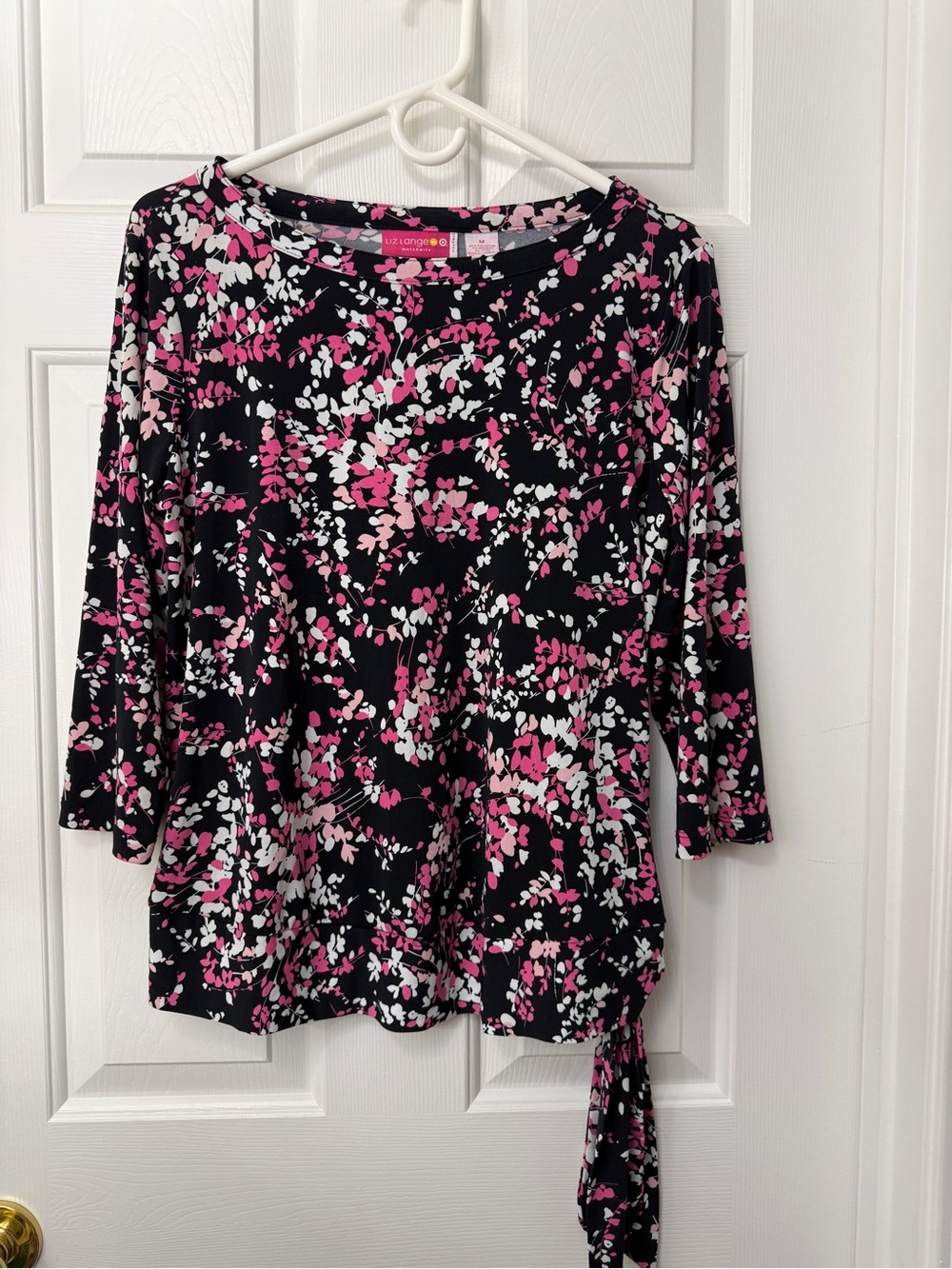 Liz Lange Black Pink White Floral Tie-Side Long Sleeve Top